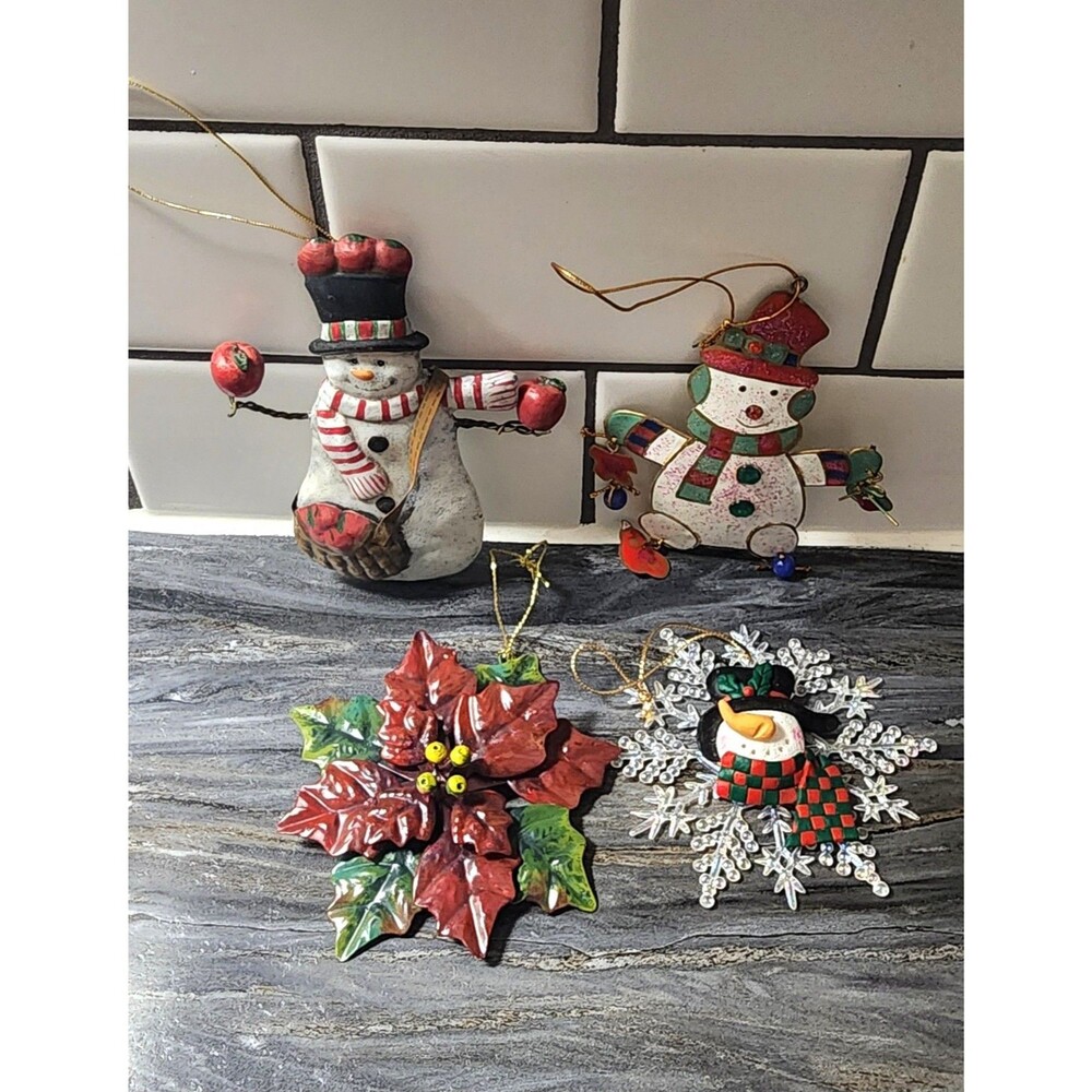 Christmas Ornaments Lot 4 Papel Giftware Snowman Poinsettia Metal Acrylic
